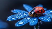 Red ladybug resting on blue flower petals covered in morning dew drops. Macro nature photography with shallow depth of field creates dreamy bokeh effect.
