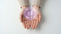Young adult with light skin tone holding glowing purple digital brain hologram in open palms against white background. Represents artificial intelligence, technology innovation, and future computing solutions.