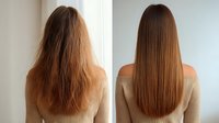 Before and after hair treatment comparison showing transformation from frizzy, damaged hair to smooth, straight, glossy brunette locks.