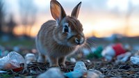 Brown rabbit with long ears sitting among scattered litter and trash during sunset, environmental concept highlighting impact of pollution on wildlife and nature.