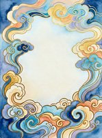 Watercolor oriental cloud frame with gold outlines in blue, yellow and pink tones, forming a decorative border with empty center space.