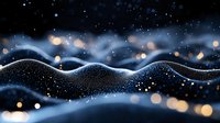 Magical glowing waves with sparkling particles and bokeh lights on dark background create dreamy abstract landscape. Suitable for luxury design projects.