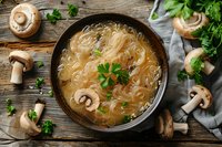 Clear noodle soup with fresh mushrooms and parsley in dark bowl on rustic wooden background, homemade asian cuisine with glass noodles and broth.