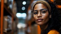 Young African American woman with curly hair and glasses in urban night setting with bokeh lights creating warm atmospheric portrait for lifestyle content.