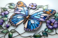Delicate blue morpho butterfly with stained glass effect surrounded by purple pansies and green leaves on white background, artistic macro photography.