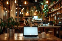 Modern laptop with blank screen on wooden table in cozy cafe interior with ambient lighting, potted plants and coffee cup, perfect for remote work atmosphere.