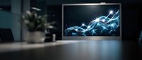 Modern computer monitor displaying abstract blue energy waves on wooden desk in contemporary office workspace for technology and digital design projects.