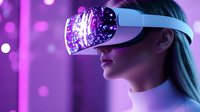 Young woman wearing VR headset with purple digital effects and bokeh lights exploring virtual reality technology and immersive gaming experience.