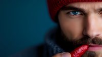 Young bearded man in red knit hat biting red hot chili pepper against dark background, dramatic lighting highlights intense facial expression and spicy food concept.