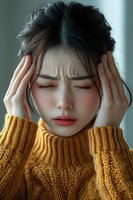 Young Asian woman experiencing headache holding temples in yellow knit sweater expressing pain and stress for health and wellness concepts.