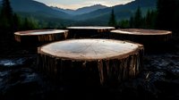 Cut tree stumps in dark soil against mountain landscape background at sunset, showing annual growth rings and natural wood texture in dramatic lighting.
