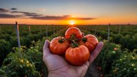 Fresh ripe tomatoes held in farmer hands at sunset in agricultural field. Organic harvest concept for healthy eating and sustainable farming practices.