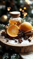 Fresh orange slices with honey jar, cinnamon sticks, star anise and winter spices on wooden board against blurred Christmas lights and evergreen branches.