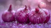 Fresh red onions with water droplets on purple surface, macro photography showing detailed texture and natural moisture in soft bokeh lighting.