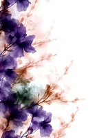 Delicate purple watercolor flowers with soft pink branches create an elegant botanical composition against white background, suitable for wedding stationery and home decor.