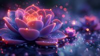 Glowing lotus flower in purple and pink hues with magical sparkles and bokeh effects on dark background, creating mystical atmosphere for spiritual designs.