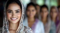 Young Asian woman wearing traditional embroidered hijab smiles brightly at camera while other women stand blurred in background, representing cultural celebration and joy.