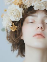 Serene young woman with closed eyes adorned with white roses and golden butterflies in hair for spa, wellness, beauty and natural skincare concepts.