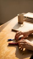Hands reaching for colorful pens on wooden desk with coffee cup and notebooks in warm natural sunlight for creative writing and planning.
