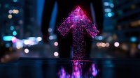 Glowing pink digital arrow points upward against dark urban background with bokeh lights and water reflections creating futuristic technological atmosphere.