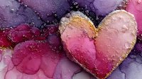 Abstract watercolor heart with gold foil edges on purple and pink gradient background with water droplets for romantic designs and love concepts.