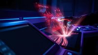 Futuristic holographic interface with glowing red data streams and digital elements in modern tech environment for business presentations.
