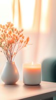 Soft peach dried flowers in white ceramic vase next to burning aromatic candle creating cozy atmosphere with warm gentle lighting and blurred background.