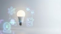 Smart LED light bulb with glowing digital icons representing IoT connectivity, home automation and energy efficiency on gradient background.