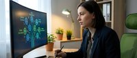 Young Asian businesswoman analyzing digital network diagram on computer monitor in modern office workspace for technology and data visualization projects.