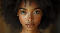 Young African American woman with natural curly afro hair and glowing skin looking directly at camera with confident expression and luminous makeup.