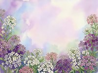 Watercolor floral border with purple, white and pink blooms on soft lavender background, copy space for text, greeting card design.