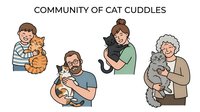 Diverse group of happy pet owners cuddling their cats showing community bond and feline companionship in cartoon style illustration.