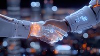 Futuristic robotic hands in glowing handshake with digital data transfer effect against blurred city lights background, representing AI partnership and cooperation.