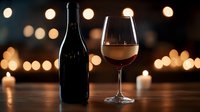 Red wine glass and bottle on wooden table with romantic bokeh lights in background creating intimate atmosphere for special evening celebration.