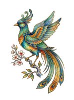 Ornate mythical bird with iridescent plumage in turquoise, gold, and orange perched on flowering branch. Isolated clipart for design, apparel, and decorative projects.