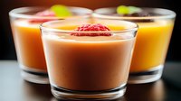 Colorful fruit smoothies in glass cups with fresh raspberry garnish on dark background. Healthy breakfast drinks with vibrant orange and pink tones.