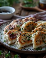 Pan-fried dumplings garnished with fresh herbs and black sesame seeds on ceramic plate. Golden-brown crispy bottoms contrast with tender tops. Dark sauce bowl.