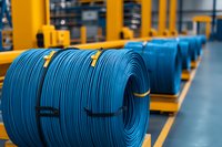 Large blue industrial cable coils secured with yellow straps on warehouse floor, organized in rows for manufacturing and electrical installations.