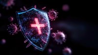 Glowing medical shield with cross symbol protecting against virus particles in dark background, concept of healthcare defense and immune system protection.