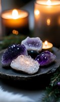 Amethyst and crystal clusters on dark stone plate with glowing candles and pine branches creating mystical atmosphere for meditation and spiritual practices.