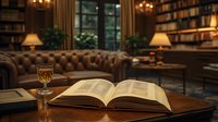 Open book with wine glass in cozy library interior featuring leather sofa, wooden tables, bookshelves and warm lamp lighting creates scholarly atmosphere.