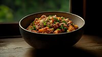 Quinoa bowl with roasted sweet potatoes, black beans, and fresh herbs in dark ceramic dish, illuminated by natural window light on wooden surface. Perfect for healthy recipes.