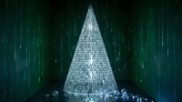Digital pyramid structure made of glowing binary code numbers on dark matrix background with streaming data effects for technology presentations.