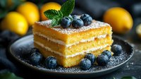 Layered lemon cake slice with fresh blueberries and mint garnish on dark plate, citrus dessert with powdered sugar dusting for bakery menu design.