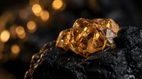 Raw amber gemstone on dark volcanic rock with warm golden bokeh lights creating luxurious mineral specimen display for jewelry and geology concepts.