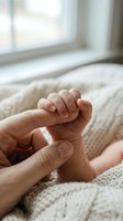 Newborn baby holding parent finger in tender moment on soft knitted blanket near window with natural light creating intimate family bonding scene.