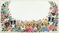 Adorable dogs border frame with colorful flowers and botanical elements on cream background for greeting cards, invitations and pet designs.