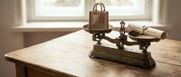 Vintage brass balance scale with weights on wooden table near window, antique measuring instrument for justice, law, pharmacy or kitchen decor concepts.