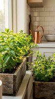 Fresh herbs growing in rustic wooden planters on kitchen windowsill with copper watering can, natural sunlight streaming through window creating cozy indoor garden.