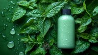 Green cosmetic bottle with water drops on mint leaves background, natural organic skincare product mockup for eco-friendly beauty and wellness packaging design.